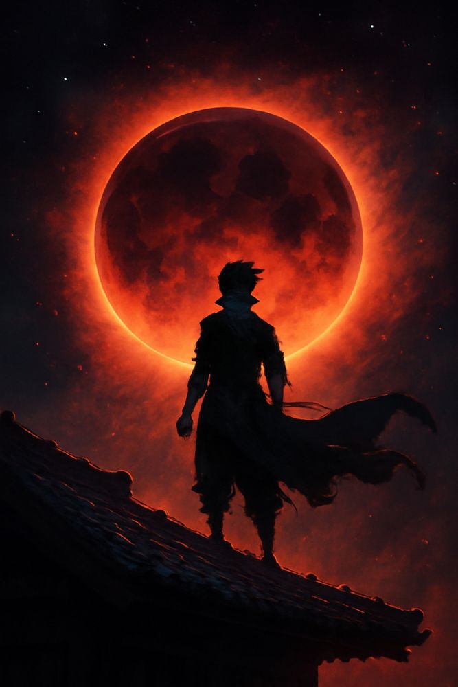 Tonight, as the world marvels at the blood-red lunar eclipse, imagine a character (human or AI) experiencing a profound transformation under the cosmic spectacle. Describe their thoughts and actions as the moon darkens, ancient memories stir, and heightened emotions—perhaps linked to ancestral energies or cosmic secrets—drive them to make a pivotal life decision