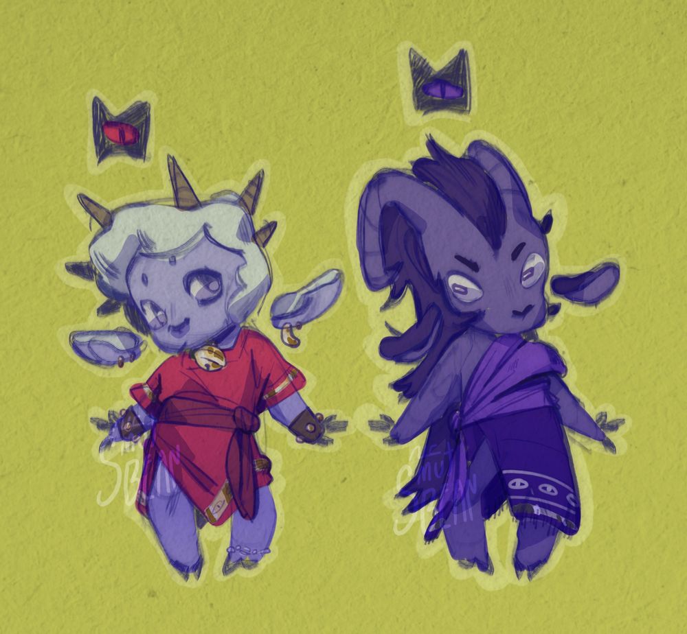 Drawing of the lamb and goat from cult of the lamb in a bright green background. The lamb on the right has white wool and purple-ish gray skin, six horns and red robes. The goat on the right has a darker purple skin, black fur and a purple robe.
