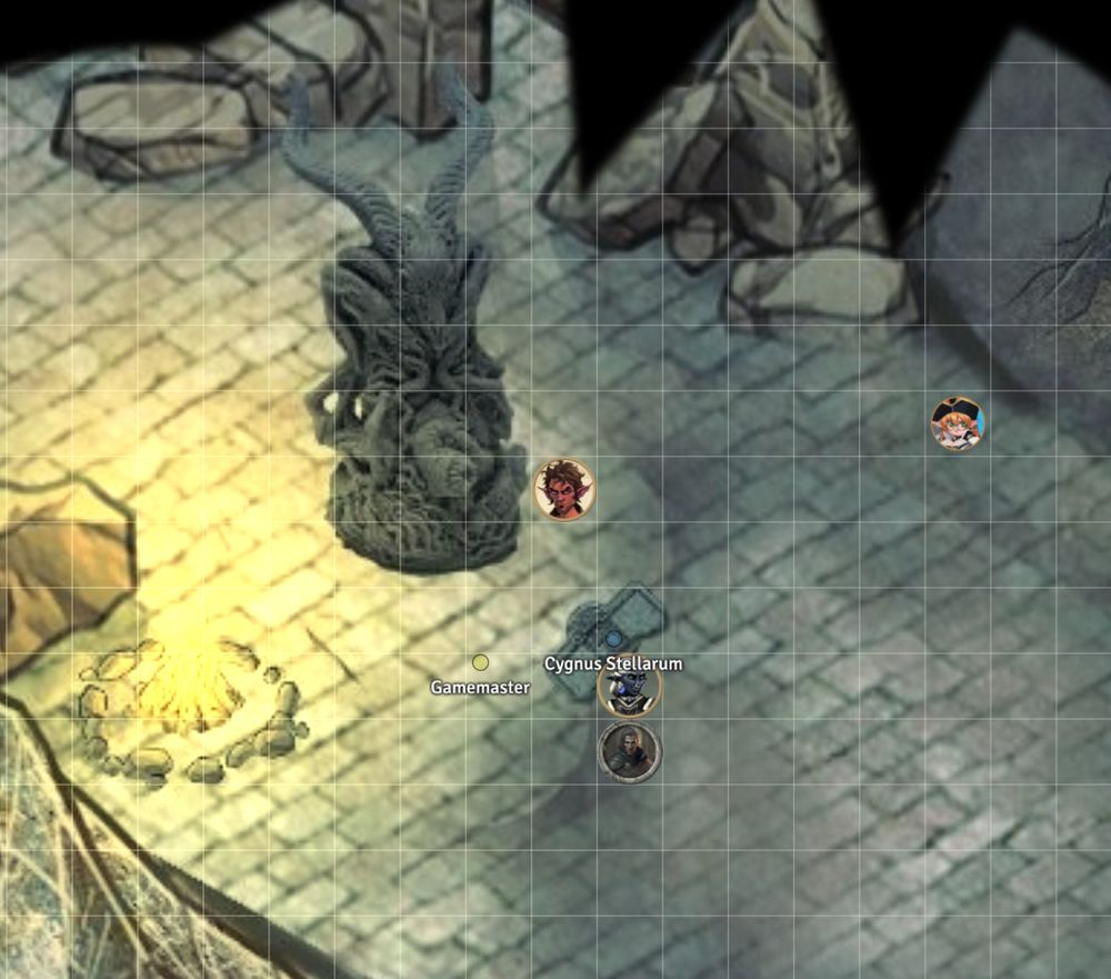 Foundry VTT map in a dungeon with a demon statue.