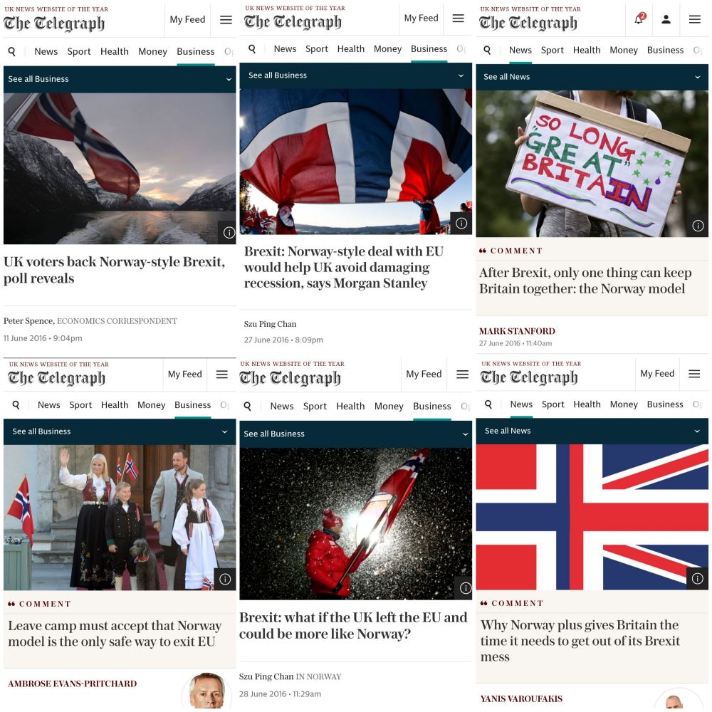 Right-wing headlines from The Telegraph, supporting UK adoption of a Norway-style EEA arrangement after Brexit.