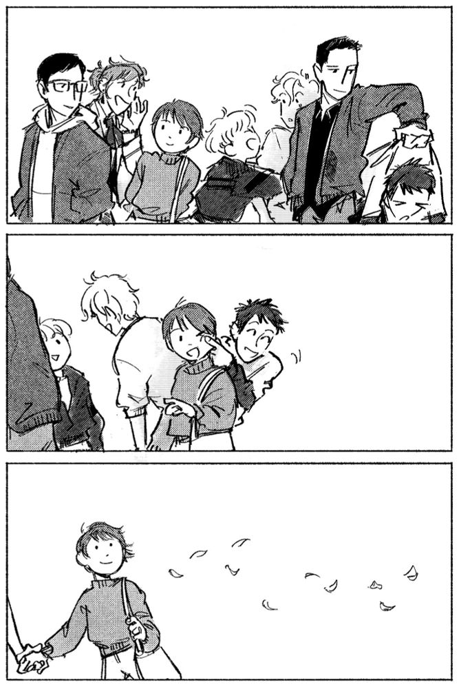 Panel 7: Mori and Hunny grab Hikaru and Tamaki (respectively), while Kaoru calls over to them.
Panel 8: Tamaki takes Haruhi’s hand as the group moves off-panel. Hikaru pinches Haruhi on the cheek playfully.
Panel 9: Haruhi looks off into the distance, pulled along by Tamaki and smiling softly. Sakura petals float along after them.