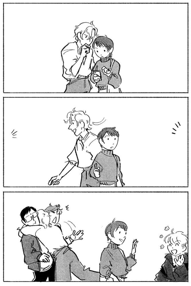 3 panels, wordless comic in black and white of the Ouran High School Host Club main cast, aged up and in casual outfits.
panel 1: Tamaki and Haruhi are looking down at Haruhi’s phone.
panel 2: they both look up towards opposite directions excitedly; someone’s here!
panel 3: Tamaki throws himself at Kyouya and Kaoru. Haruhi waves back at an approaching Hunny.