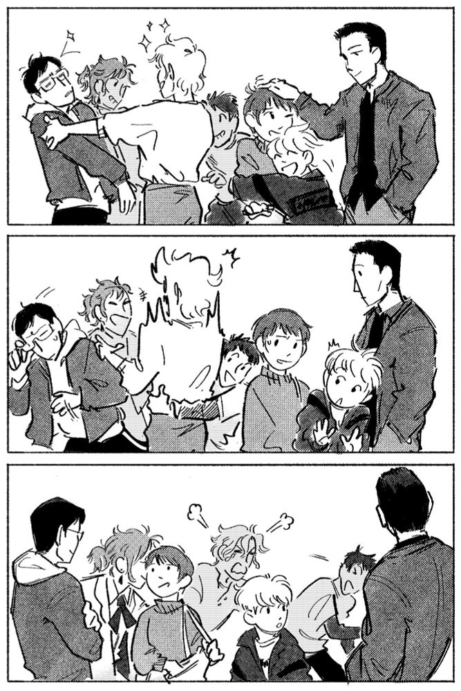 Panel 4: Tamaki holds Kyouya and Kaoru at arms length excitedly. Kyouya is disgruntled, Kaoru winks at Hikaru, who is sneaking up behind Tamaki. Hunny hugs Haruhi as Mori ruffles their hair. 
Panel 5: Hikaru grabs Tamaki around the middle, making him shriek and release Kyouya. Kaoru laughs and Haruhi looks over, annoyed but not surprised. 
Panel 6: Haruhi greets Kyouya as Kaoru gives her a peck on the cheek. Tamaki chases Hikaru, weeping and fuming, as Hunny and Mori watch.