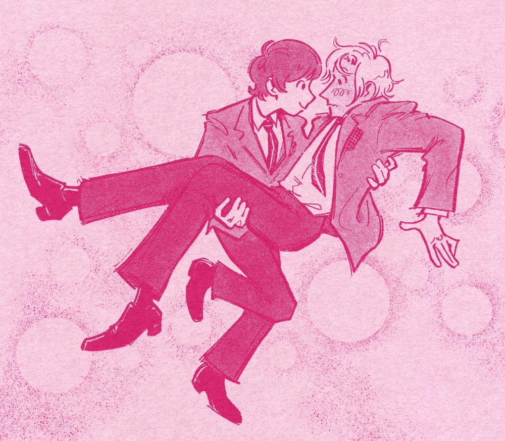 Haruhi holding Tamaki in their school uniforms. Haruhi is smiling and Tamaki is flustered. 