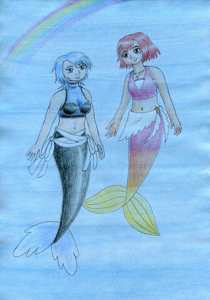 A traditional artwork of Aqua and Kairi from Kingdom Hearts as mermaids swimming under water. Aqua on the left, has short blue hair and is wearing a blue top and white ribbons around her waist and has a black mermaid tail with blue fins on the bottom. Kairi on the right, is wearing a pink top and a white shawl tied around her waist with a seashell. Her tail is dark pink at the top which fades to orange in the middle and yellow at the bottom with yellow fins.