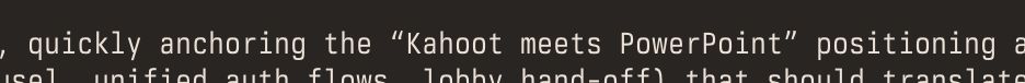 screenshot of codex output (the AI agent) saying "quickly anchoring the Kahoot meets PowerPoint positioning"