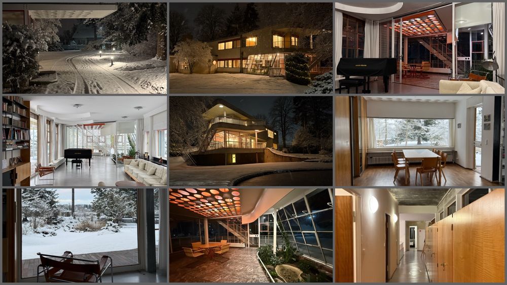 Collage aus neun Fotos, die Innen- und Außenansichten der Villa Schminke in Löbau zeigen. 