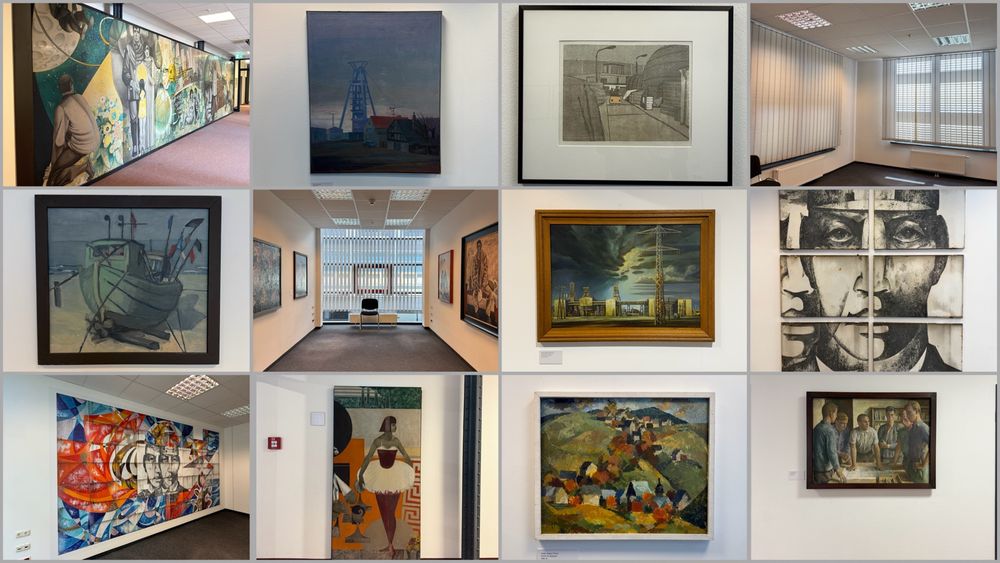 Collage aus 12 Fotos, die Kunstwerke der WISMUT-Sammlung und Ausstellungsräume zeigen.