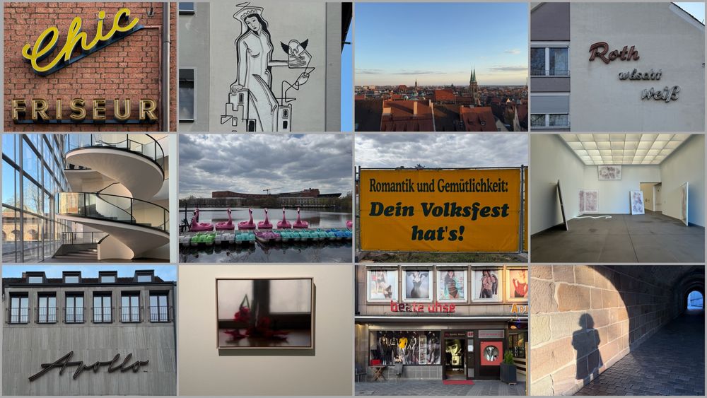 Collage aus 12 Fotos aus Nürnberg, die Leuchtschriften, Kunst und einen Blick über Flamingo-Tretboote gen Reichsparteitagsgelände zeigen. 