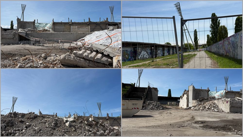Collage aus vier Fotos, die den Abriss des Großen Stadions in Berlin zeigen. 