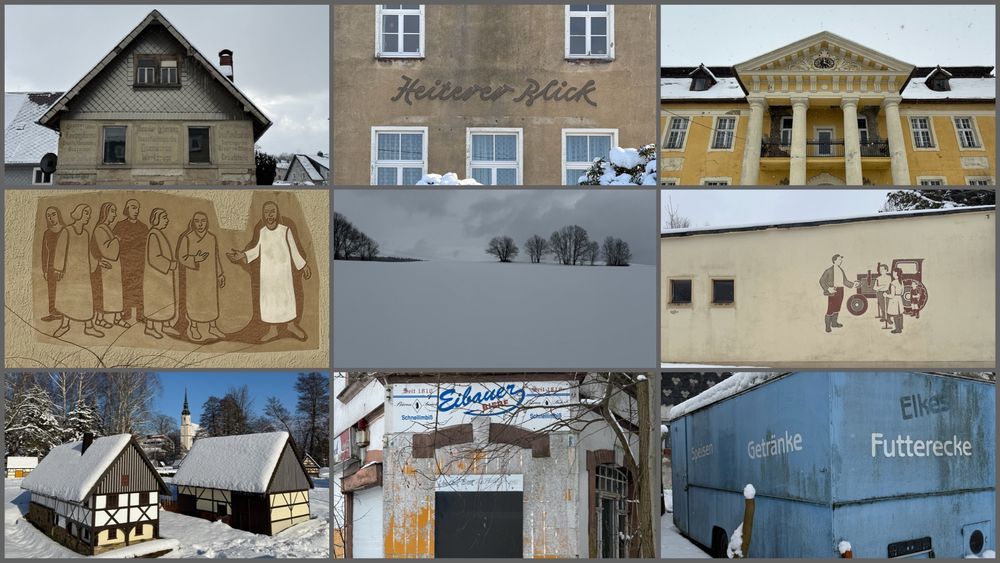 Collage aus neun Fotos von Gebäuden und Gebäudedetails im Schnee.
