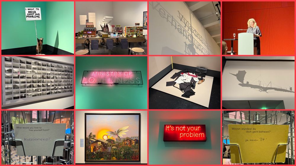 Collage aus 12 Fotos der neuen Ausstellung im Deutschen Hygienemuseum in Dresden: Kunstwerke rund um das Thema Freiheit, partizipative Elemente, Schatten. 
