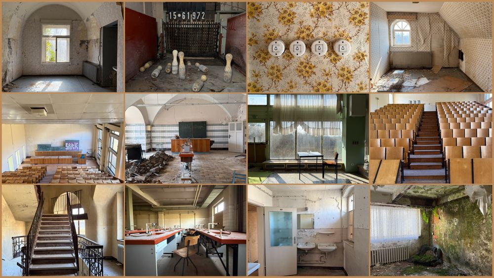 Collage aus 12 Fotos, die Treppen, Stühle, Hörsaal, Labor und Details eines Lost Places zeigen, an dem in der DDR Veterinärmediziner:innen ausgebildet wurden.