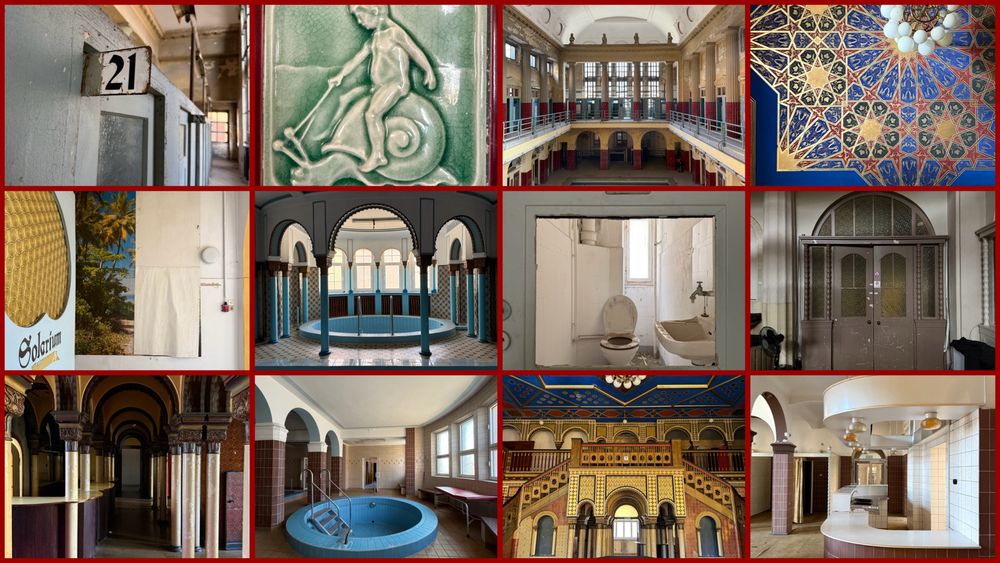 Collage aus 12 Fotos aus dem alten Leipziger Stadtbad: Details, der im maurischen Stil errichtete Saunabereich und das Frauenbad mit vielen originalen Elementen. 