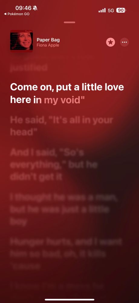 Screenshot of the lyrics to Paper Bag with “come on put a little love here in my void” highlighted. 