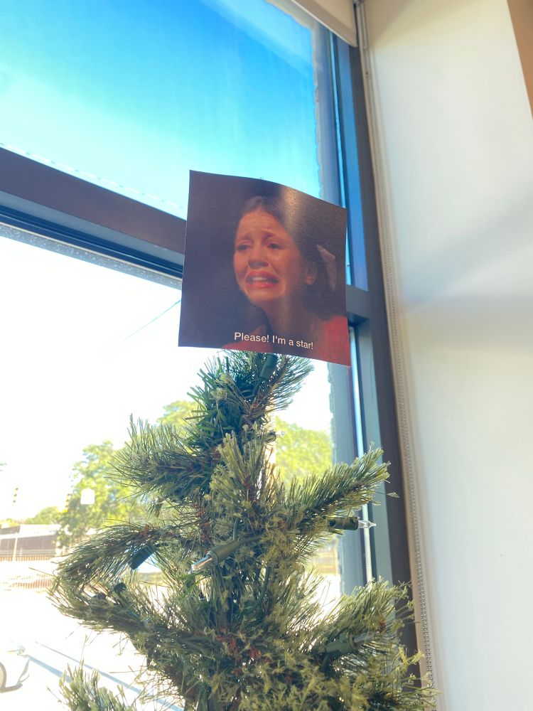 The top of Halley’s Christmas tree at work. It features a cut out meme of Pearl from the horror movie Pearl, crying and saying “please! I’m a star” instead of an actual star. 