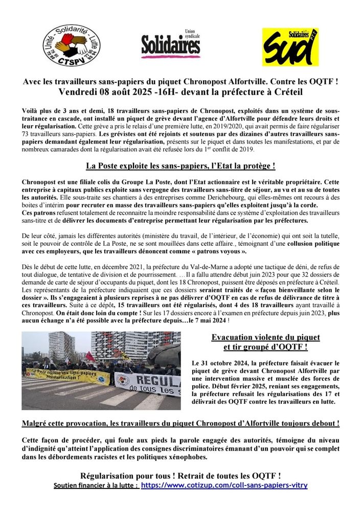 Tract de soutien aux sans-papiers en lutte de Chronopost Alfortville, cibles de la répression patronale et des OQTF du ministère de l'intérieur. Rdv vendredi 8 août à 16h devant la préfecture de Créteil.