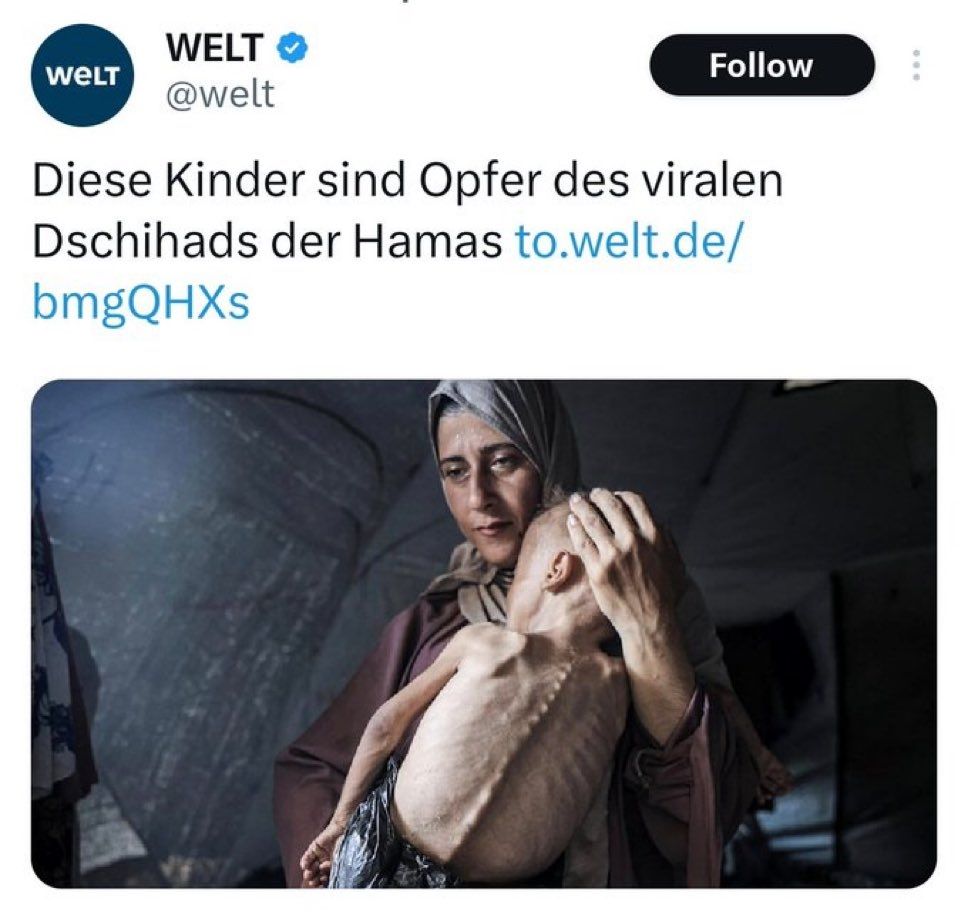 Die Welt du 1er août : la photo devenue iconique de la mère palestinienne tenant son enfant squelettique dans les bras. Au-dessus, le titre mentionné dans le post.