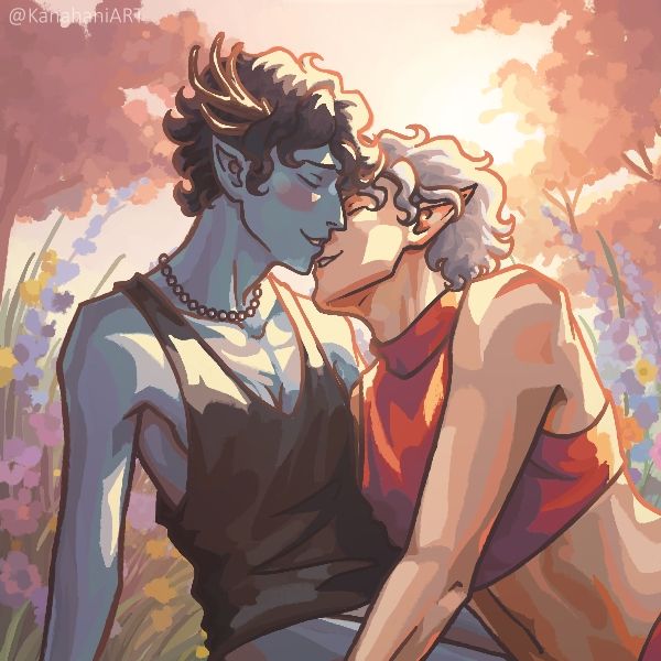 Picrew of Lorenzo and Astarion kissing in the sun, lounging in a field. They're both in sleeveless shirts and panties.