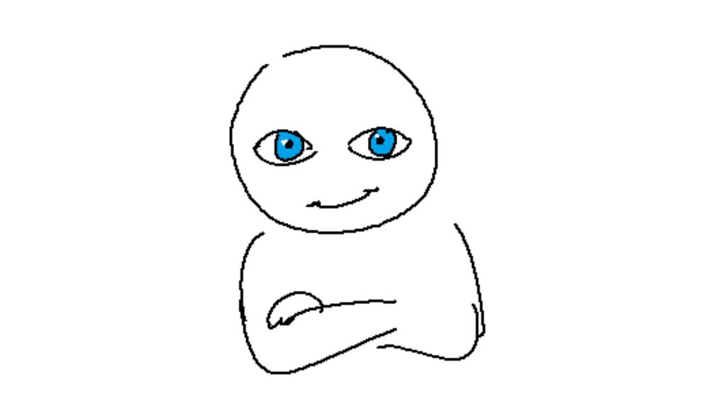 MS paint figure with Intensely Blue eyes, smirking and attempting to mimic leaning non-chalantly against nothing, but his crossed arms indicate defensiveness.