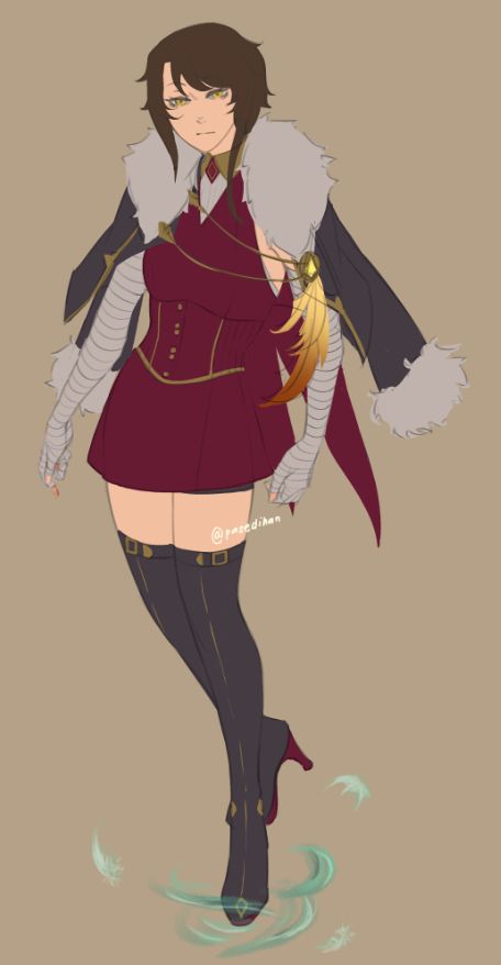 A girl with short hair and golden eyes standing imposingly with a gust of seafoam green at her feet (anemo). She has a fur-lined dark grey tailcoat on her shoulders with a golden cardigan chain. It has a gem with yellow-brown feathers on her left side. Both arms are wrapped in bandages. She wears a deep wine dress underneath, which is a mix of coat vest and corset. The skirt length is short. She has thigh high boots that have the same dark grey color of her coat, with golden accents. 