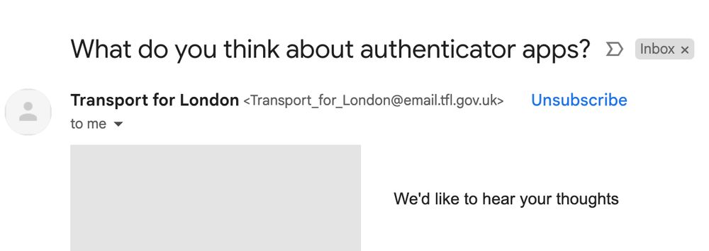 Email from Transport for London, subject line: "What do you think about authenticator apps?"