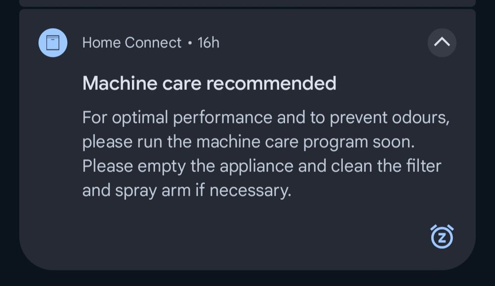 Push notification from Home Connect app: "Machine care recommended" 