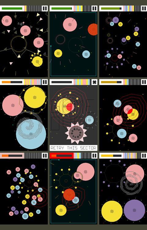 Various colorful screenshots of the iOS game Eliss. Each screen consists of circles of various sizes and pastel colors (yellow, pink, purple, blue) against a black background.