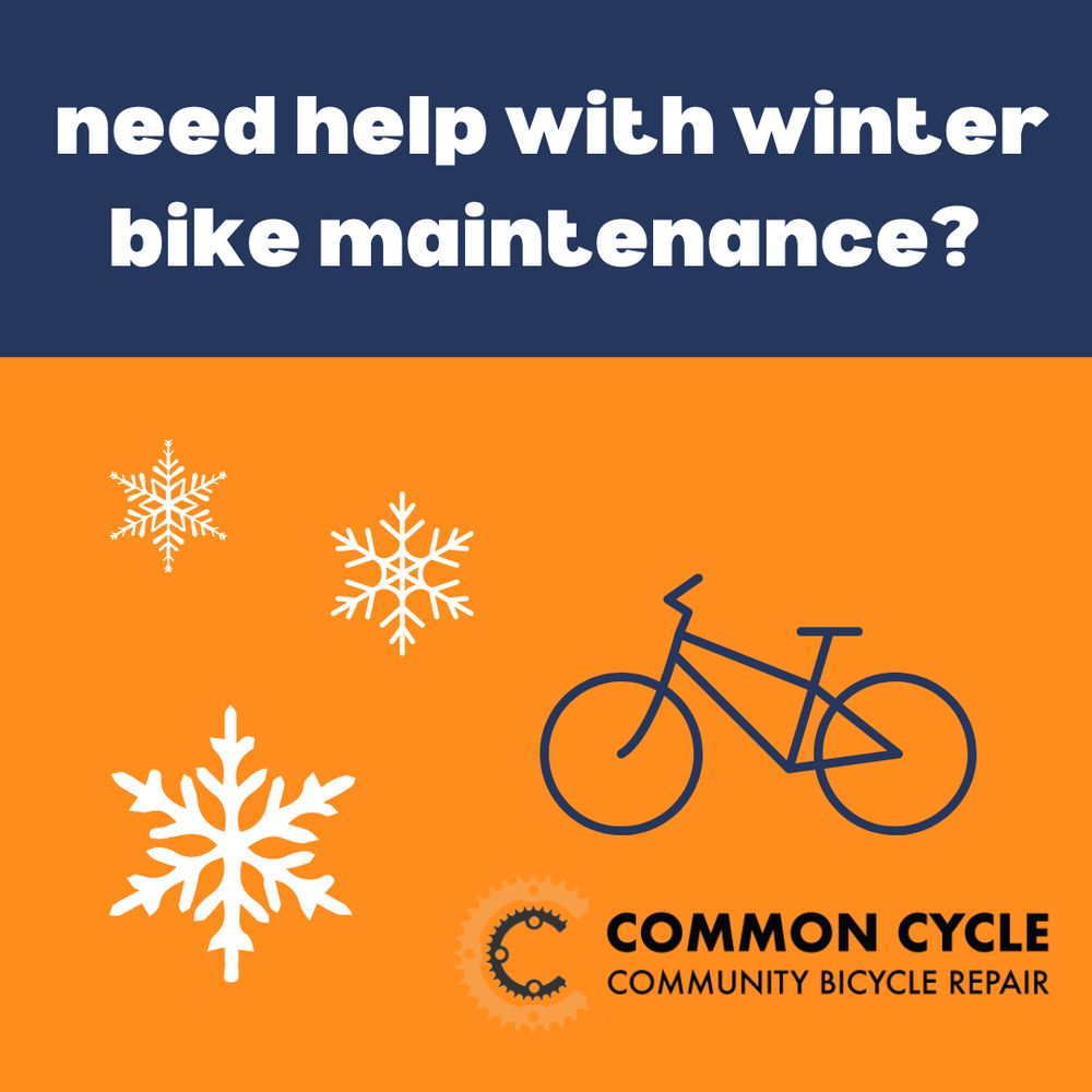 Common Cycle infographic "need help with winter bike maintenance?" with a bike and snowflake icons.