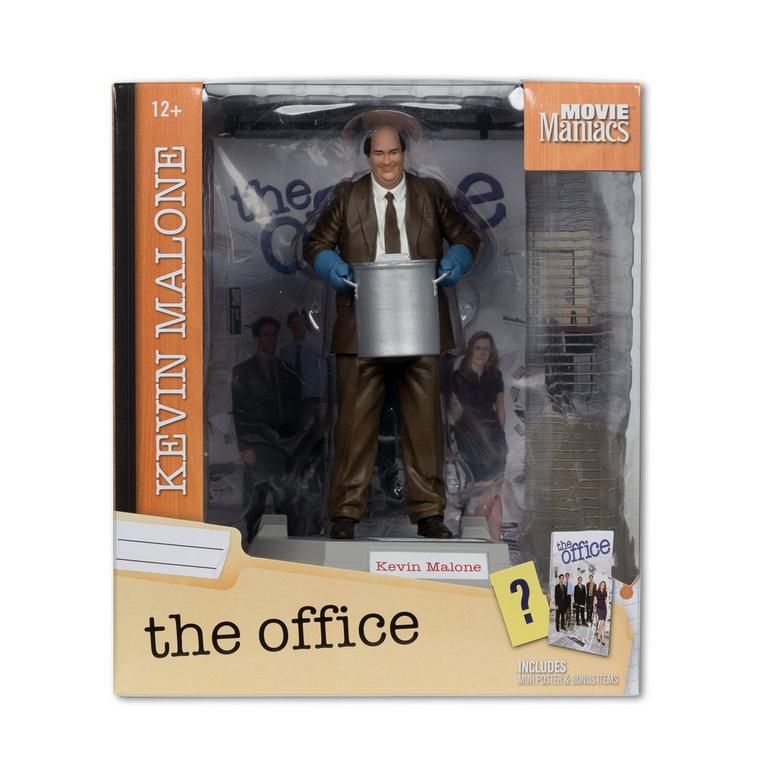 An action figure of television character Kevin Malone from The Office holding a pot of chili. The packaging of the box is marked as part of McFarlane toys Movie Maniacs line.