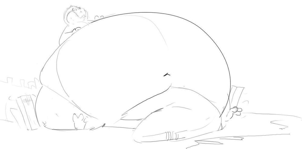 A gigantic dino with a gargantuan belly sitting on a little city, enjoying his big size 