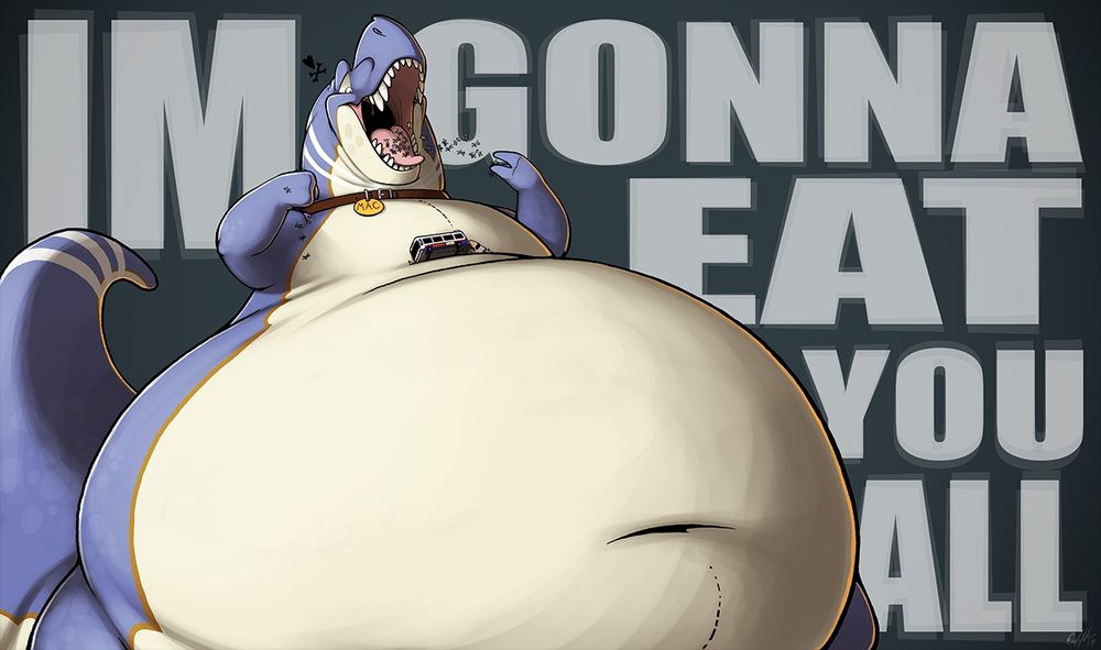 A very big and fat and gluttonous T Rex tossing tasty little people into his mouth. He's not going to stop eating anytime soon.
