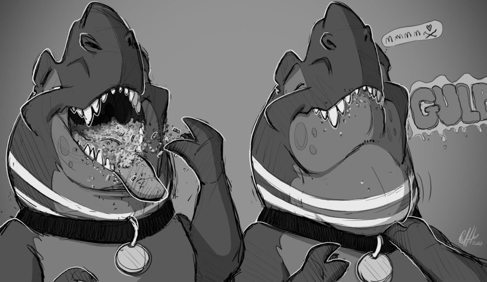 A huge gluttonous T Rex swallowing a big mawful of vehicles and people. His neck bulges around his collar as he swallows.