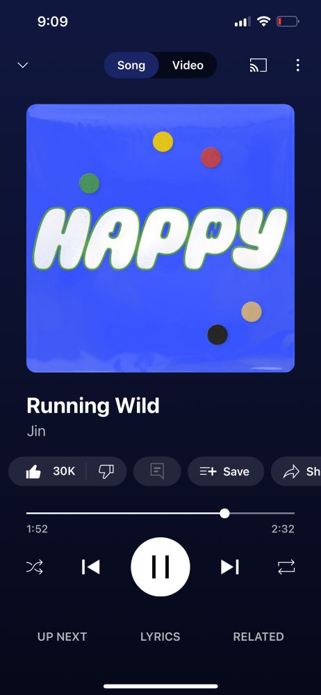 Screen shot of streaming JIN’s  new single Running Wild. 