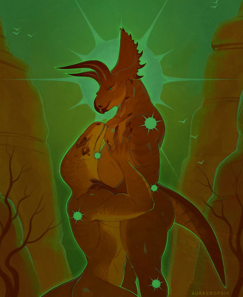 A digital illustration of a T. Rex and Triceratops who are anthropomorphic. They are both tan to brown-red hues, with the Rex, who is lean and muscular on his knees putting his hands on the Triceratops's chest and neck. The triceratops, who is muscular and fat stands over him with his hands on the rex's shoulders, looking down at him and making eye contact. They stand against a green sky background with brown canyon shelves around them, and a pale green sun like a halo behind the triceratops's head. There are 5 stars on their bodies that are connected like constellations.