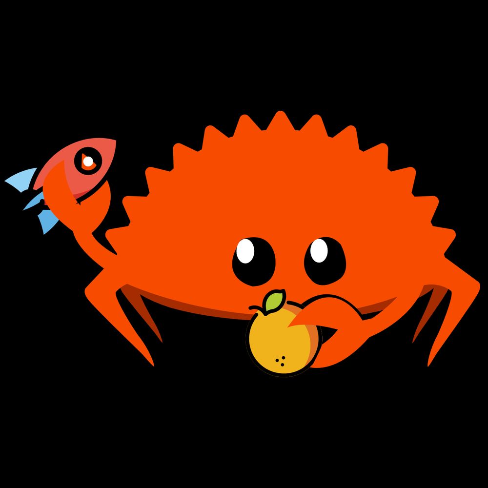 Orlando Rust Users mascot. The Rust mascot Ferris holding a rocket and an orange.