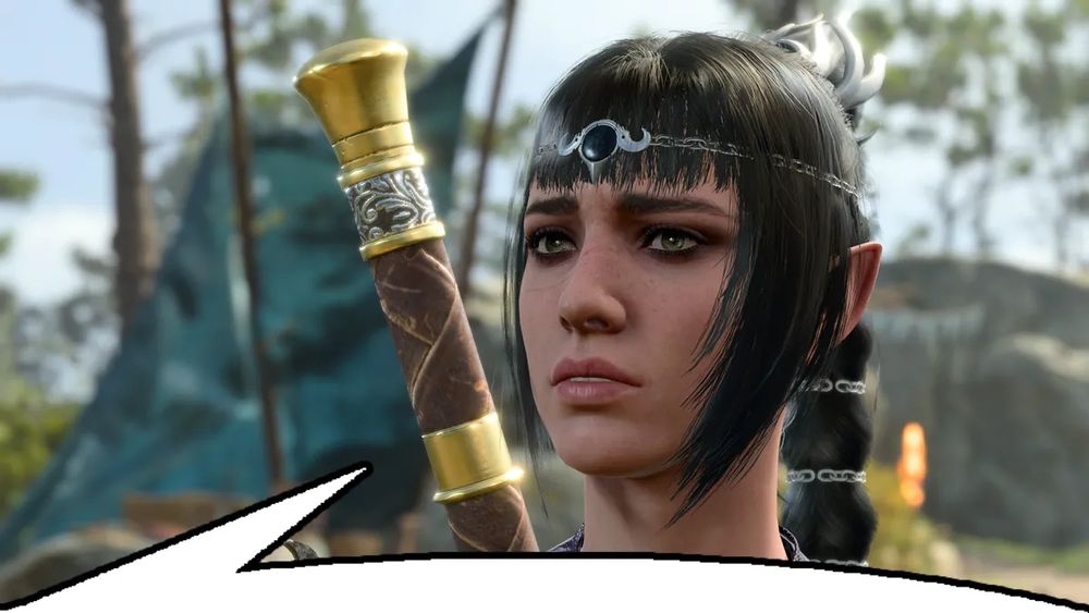 Shadowheart, uma "Meio-Elfa" (nomenclaturas péssimas de D&D) de cabelos pretos de Baldur's Gate 3, com um balão de fala embaixo, de modo que parece que ela está falando o que está no post citado. A personagem tem fobia de lobos.