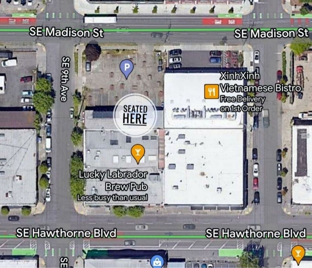 A map showing where the group is seated: under the non smoking section of the covered patio, closer to Madison St.