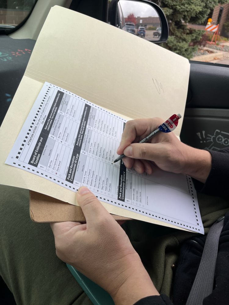 A pair of hands filling out a ballot. For BET, Steve Brandt and Eric Harris Bernstein. For At Large park board (partially filled out), Michael Wilson and Tom Olsen are selected.