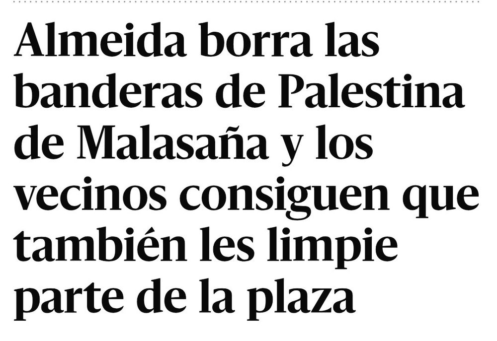 Titular de una noticia del diario.es "Almeida borra las banderas de Palestina de Malasaña y los vecinos consiguen que también les limpie parte de la plaza"