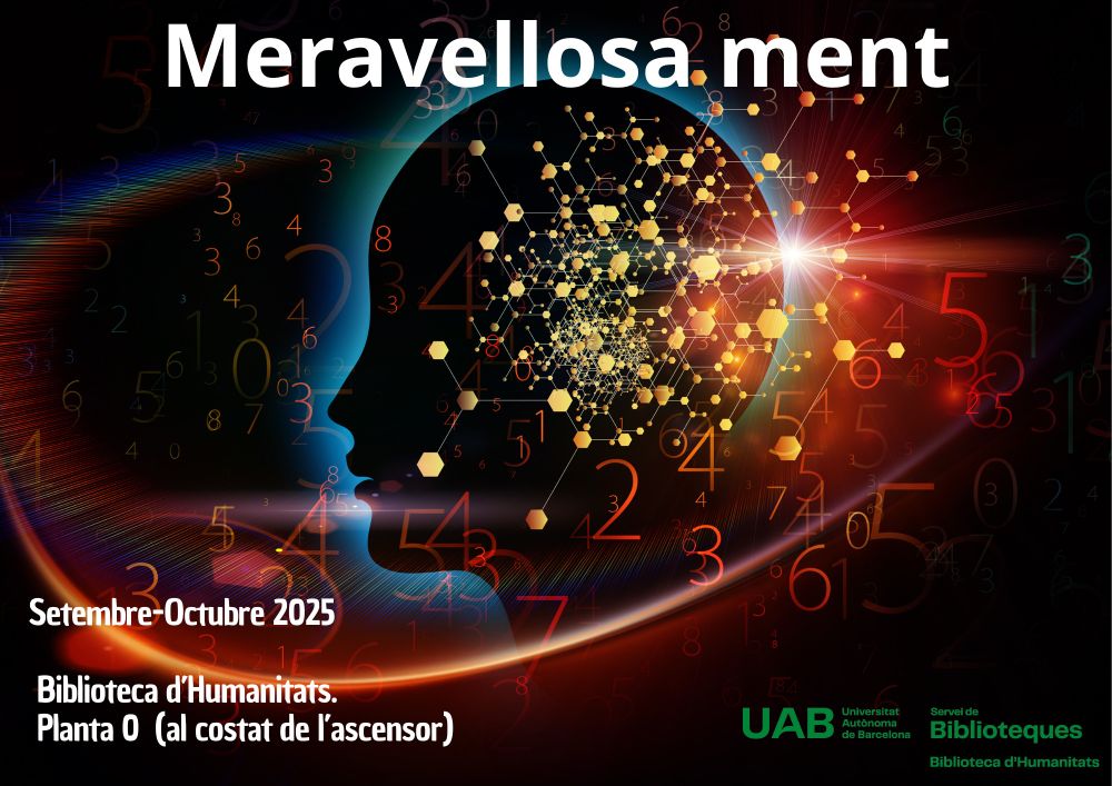Cartell promocional d’una exposició amb el títol gran que diu “Meravellosa-ment”. Al centre es veu la silueta d’un cap humà de perfil, orientat a l’esquerra. Dins de la silueta hi apareixen formes hexagonals daurades i una xarxa de connexions que recorden un cervell digital. De fons, tot l’espai està ple de números de diferents mides i colors (vermell, taronja, verd, groc) que semblen flotants i donen una sensació de dinamisme i complexitat. També es veu un efecte de llum que brilla des del centre de la imatge cap a la dreta.
