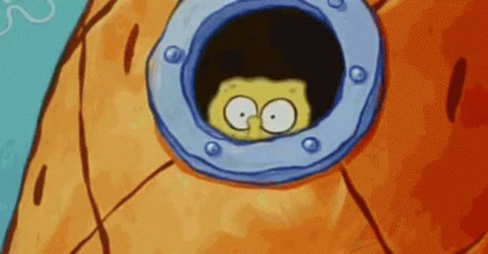 a cartoon character is looking out of a hole in a spongebob squarepants .