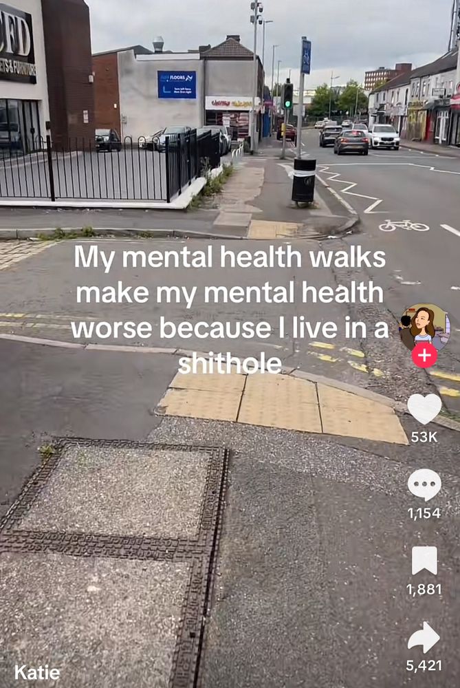 A recording of a British high street., various palettes of grey. Text reads “
My mental health walks make my mental health worse because I live in a shithole”