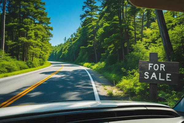 A car window looking out on a national forest with a For Sale sign