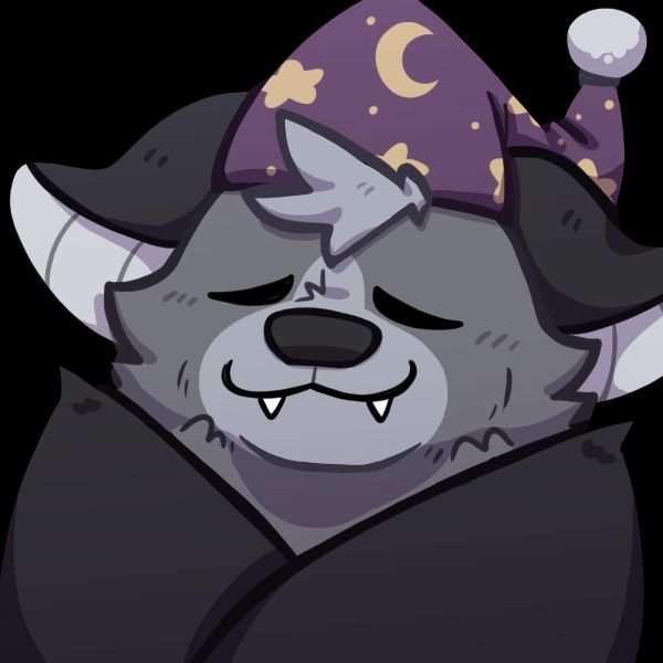 An emote commission done by Tolione_ of my sona, Vel, engaging in the sacred ritual of comfysleepybabyblankie mode. He ALWAYS has his blanket ready for competitive 1vAll nap time with the homies. He can't be evil if he is asleep. 