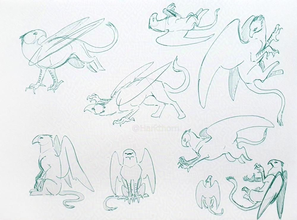 A sketchpage filled with green ballpoint pen line doodles of griffons