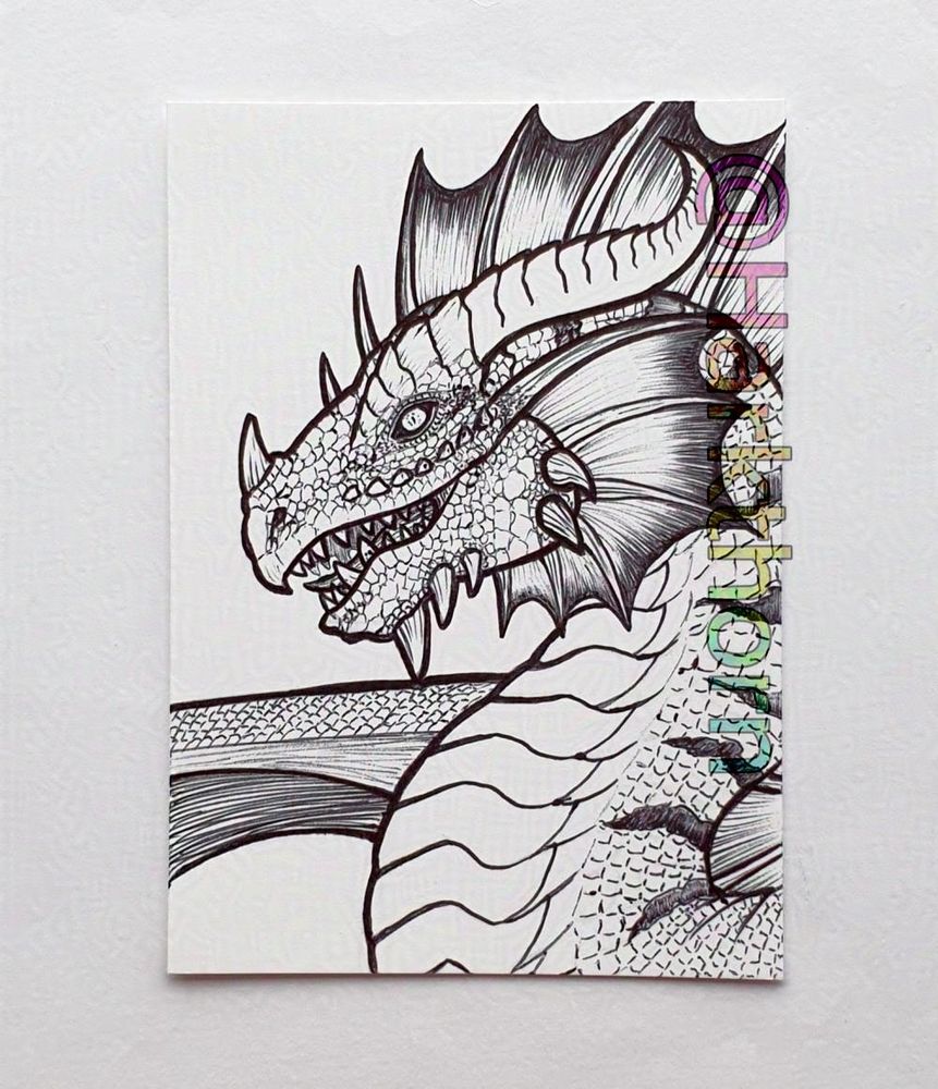 A black ballpoint drawing on a small piece of cartridge paper-an ACEO-of the head and neck of a red dragon from Dungeons and Dragons, viewed from the side