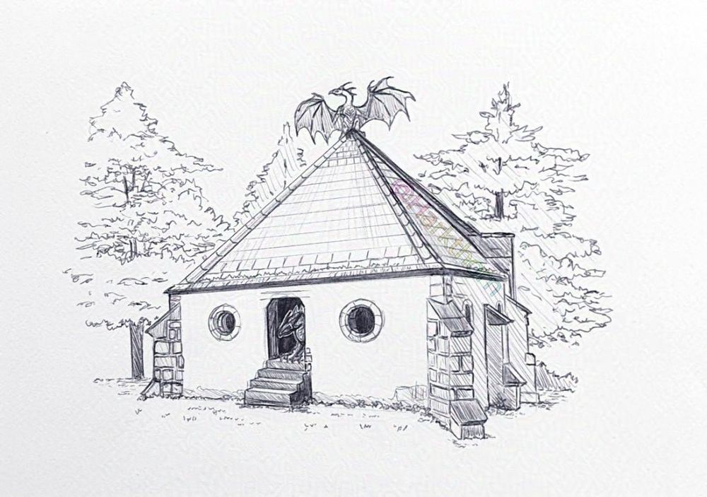 A black ballpoint sketch of a stone building with a tiled roof. It has two small round windows, a small doorway with steps leading down to the ground, and various brick adornments or features on the sides of the building. A dragon is perched on the very top of the top, wings spread. There is also one peeking out of the dark doorway