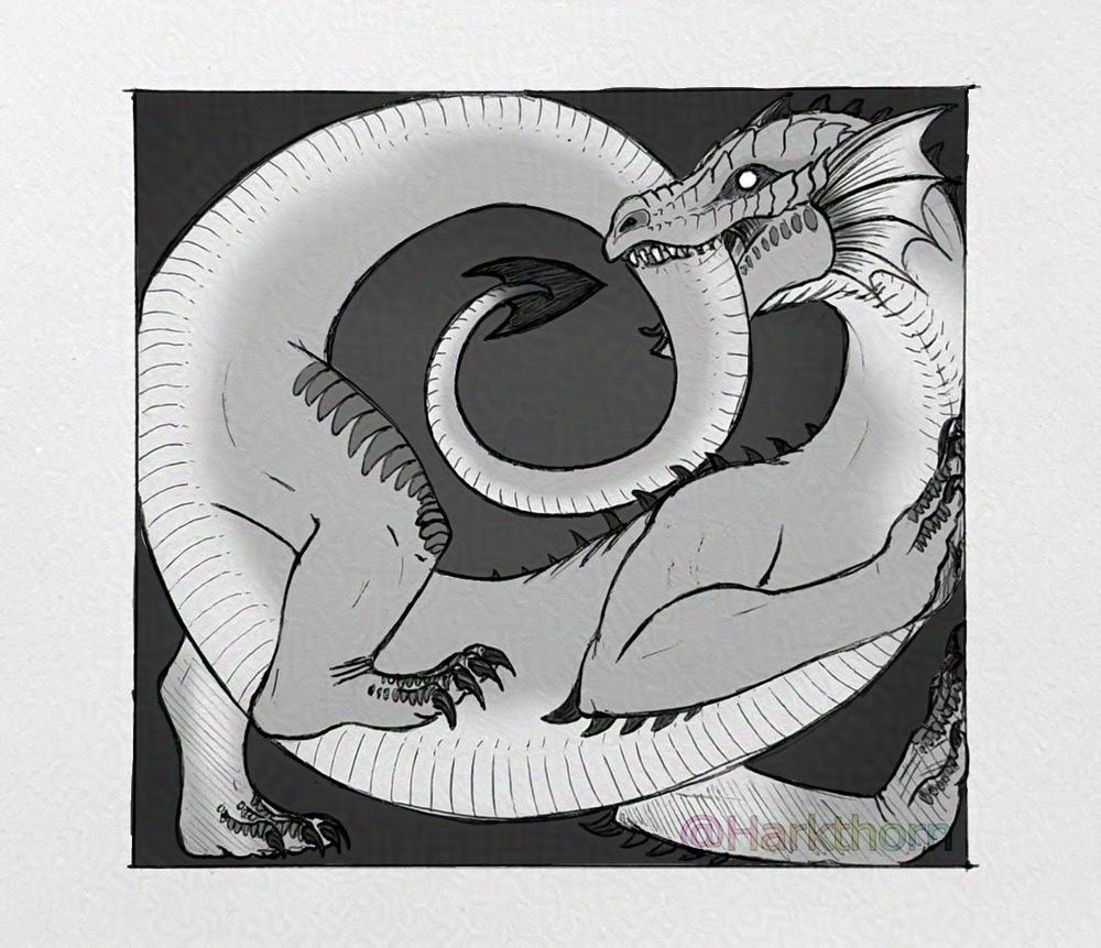 A black ballpoint sketch, with some digital grey colouring, of a wingless dragon inside a square, pressed up against the sides due to lack of space, the tail curved around in the middle space. It is biting its own tail