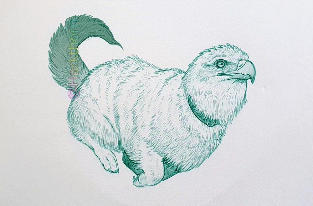 A green ballpoint sketch of a running wingless griffon with short limbs, like a corgi
